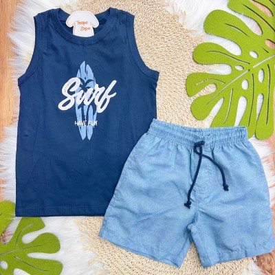 Conj. Regata Surf e Bermuda em Táctel - Marinho e Azul Claro